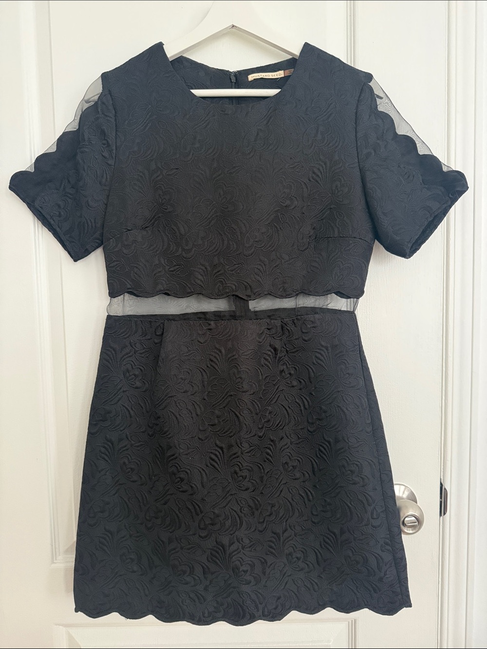 Mustard Seed Black Textured Short-Sleeve Mini Dress with Sheer Waist